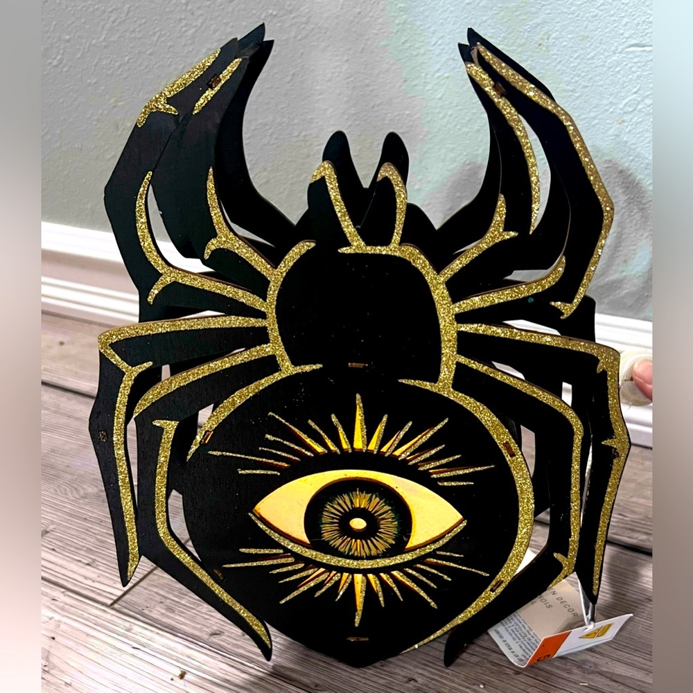 NWT Rachel Zoe Wood Spider & Evil Eye Halloween Decoration LED Light Up Spooky